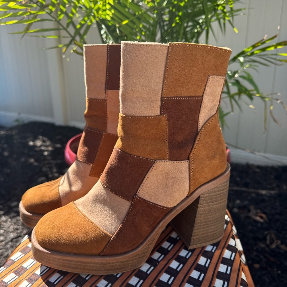 Patchwork Tan and Brown Ankle Boots
